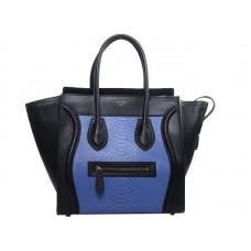 Geantă Celine Luggage medie din piele de vițel neagră cu piele de șarpe albastră