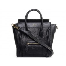 Celine Bagaj Mini Tote din piele de vițel neagră cu piele de crocodil neagră