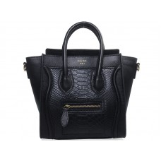 Celine Bagaj Mini Tote din piele de vițel neagră cu piele de șarpe neagră