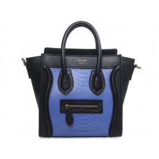 Celine Bagaj Mini Tote din piele de vițel neagră cu piele de șarpe albastră