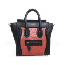 Celine Bagaj Mini Tote din piele de vițel neagră cu piele de șarpe roșie
