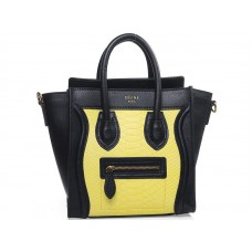 Celine Bagaj Mini Tote din piele de vițel neagră cu piele galbenă de șarpe