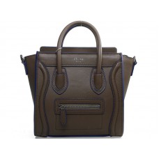 Geantă Celine Luggage Mini din piele de vițel, kaki, cu finisaje albastre