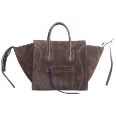 Geantă Celine Luggage Phantom Square Tote din piele întoarsă kaki cu albastru