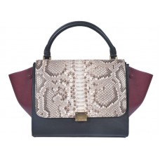 Geantă de umăr Celine Trapeze din piele de piton crem/negru/vin