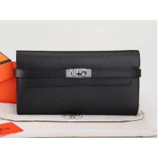 Portofel lung Hermes Epsom Original din piele de vițel Kelly negru