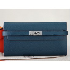 Portofel lung Hermes Epsom Original Calfskin Kelly albastru închis