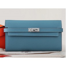 Portofel lung Hermes Epsom Original din piele de vițel Kelly, albastru deschis