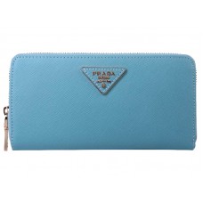 Portofel Prada Saffiano Zippy cu logo triunghiular albastru