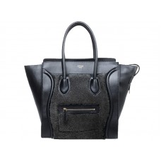 Celine Luggage Tote Medium din piele de vițel neagră/lână neagră