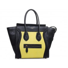 Geantă Celine Luggage medie din piele de vițel neagră cu piele galbenă de șarpe