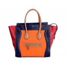 Celine Luggage Tote Medium din piele de vițel albastră/pânză portocalie