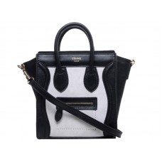 Celine Bagaj Mini Tote din piele de vițel negru/piele întoarsă alb-gălbui