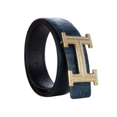 Curea Hermes din piele de crocodil cu cataramă H aurie și diamant albastru închis