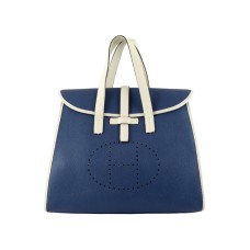 Geantă Hermes 08c Flap albastră cu garnitură din piele alb-gălbui