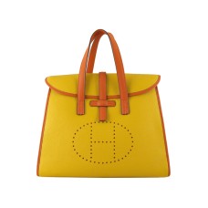 Geantă Hermes 08c Flap Galbenă cu Garnitură din Piele Portocalie