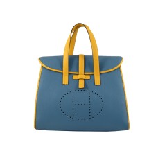 Geantă Hermes 08c Flap albastră cu garnitură din piele galbenă