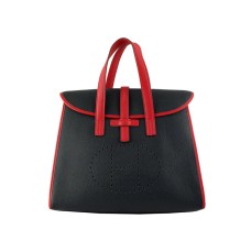 Geantă Hermes 08c Flap neagră cu garnitură din piele roșie