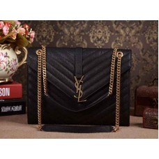 Traistă mare clasică cu monogramă Yves Saint Laurent din piele Matelasse texturată Grain De Poudre neagră