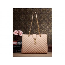 Geantă de cumpărături Yves Saint Laurent clasică cu monogramă, din piele texturată matlasată Grain de Poudre bej închis