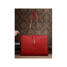 Geantă de cumpărături Yves Saint Laurent clasică cu monogramă, din piele texturată matelassé cu grain de poudre roșu ruj