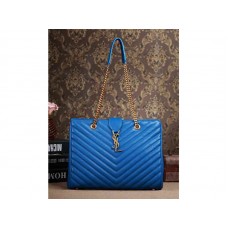 Geantă de cumpărături Yves Saint Laurent clasică cu monogramă, din piele texturată matlasată Grain de Poudre, albastru regal