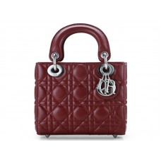Geantă Dior Nano Leather cu accesorii argintii, vișinie