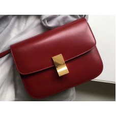 Geantă Celine medie clasică în cutie din piele de vițel vișinie