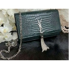 Geantă Saint Laurent Kate Medium cu ciucuri din piele de crocodil strălucitoare, verde