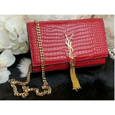 Geantă Saint Laurent Kate Medium cu ciucuri din piele de crocodil strălucitoare, roșie