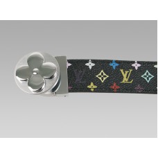 Curea Louis Vuitton neagră multicoloră cu cataramă rotundă argintie cu flori
