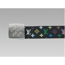 Curea neagră multicoloră cu cataramă argintie și semnătură oblică Louis Vuitton